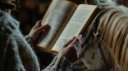 a book, adorned with highlighted passages conveying the profound impact of therapeutic riding on children with developmental disorders.