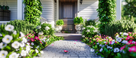 Fototapeta na wymiar Elegant Home with Flourishing Garden, Lush Floral Entryway to a Luxurious Residence, Suburban Dream