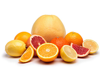 Vitamin c, fruits and citrus in studio with lemon for minerals, detox and healthy nutrition on isolated white background. Orange, grapefruit and tangerine for wellness, antioxidants and fresh juice