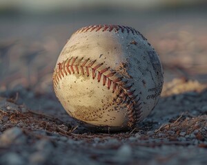 Leather baseball, white and detailed, sitting atop the pitchers mound, telephoto lens, in the dimming light of late afternoon, symbolizing the games end