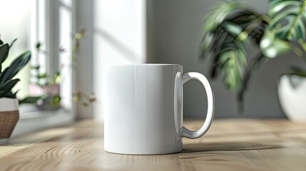 a white mug style mockup in a cozy kitchen setting, featuring steam rising from freshly brewed coffee.
