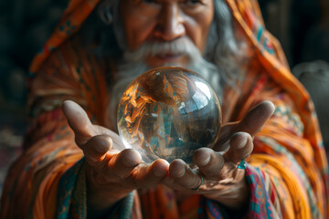 Elderly man with a crystal ball showing reflection. Mysticism and foresight concept. Design for spiritual and cultural stories. Close-up portrait with detailed textures - obrazy, fototapety, plakaty