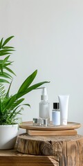 A wooden stool table against a white wall and there are some cosmetic products and bottles on it an a white vase with plant inside. web banner style.