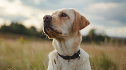 Golden Labrador Retriever portrait in a serene outdoor meadow setting