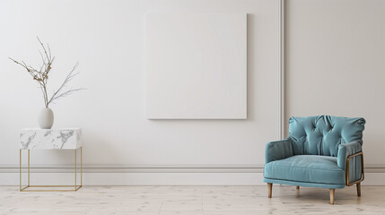 Elegant Home Interior with Blue Velvet Armchair and Minimalist Decor