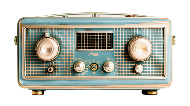 Vintage turquoise Ford branded radio with round speakers, dials and a frequency selector on a white background.