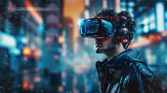 A young man, with his goggles playing in a futuristic cyber world, wearing VR headset, Virtual reality, innovation and new technology abstract concept.
