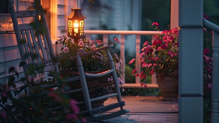 a new white porch bathed in golden sunlight, adorned with a solitary rocking chair and a gently swaying lantern, inviting viewers to pause and imagine the cozy comforts awaiting inside.