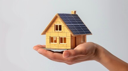 Hand holding an energy efficient model house with solar panels, ecology and sustainability concept