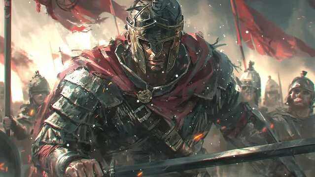epic 3D render of a middle-aged warrior leading. seamless looping overlay 4k virtual video animation background