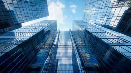Fototapeta na wymiar Modern Skyscraper Facade, Urban Business District with Reflective Glass, Architecture and Design