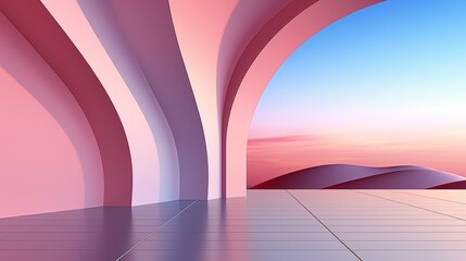 Pink and blue room with curved wall space, pink color striped no people - obrazy, fototapety, plakaty