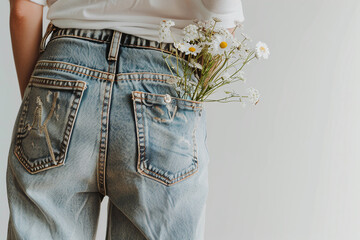 A woman is holding a bunch of flowers in her jeans pocket. Concept of playfulness and whimsy - obrazy, fototapety, plakaty