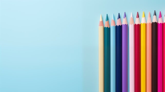 Colored pencils on blue background pencil creativity wood vibrant color rainbow