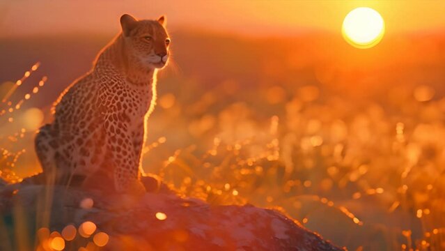 The rising sun casts a golden glow, illuminating the leopard and highlighting the delicate dewdrops on the surrounding grass .generative ai