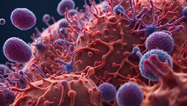 Immune cells within the human body as they combat pathogens under the lens of a powerful microscope