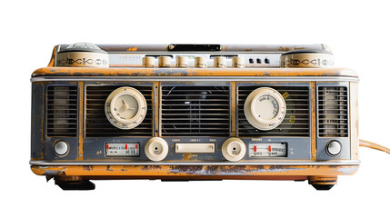 Vintage orange radio with dual dials, buttons, and indicators on a white background, showcasing mid-20th century design.
