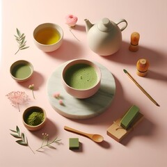 Obraz na płótnie Canvas AI-generated illustration of Matcha green tea with a teapot and equipment on soft pink