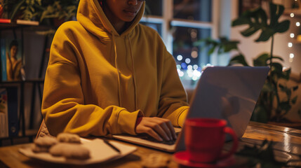 Cozy Evening Work Setup with Person Typing on Laptop and Red Mug