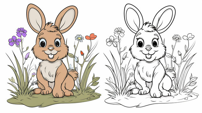 Illustration of a cute cartoon rabbit on a meadow in the style of a children's coloring book on a white background. Two illustrations - color and black and white for coloring.