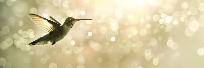 Fototapeta premium Enchanting Flight Hummingbird Soaring amidst Lush Green Forest Background, Graceful Soar: Hummingbird in Enchanted Forest Background