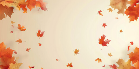 Autumn leaves falling on beige background ,copy space, banner