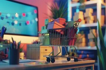 Online shopping concept with cart full of parcels sitting in front of computer display