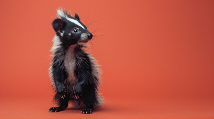 a Skunk Emitting odor, studio shot, against solid color background, hyperrealistic photography, blank space for writing