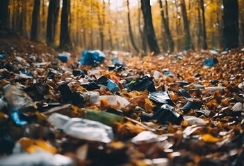 Obraz premium AI-generated illustration of a forest littered with trash and fallen leaves