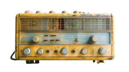 Vintage yellow radio with dial scales for tuning and multiple knobs on a plain background, representing mid-20th-century technology.