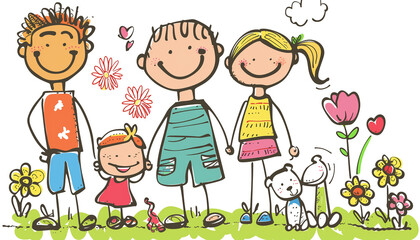Kids drawing style home family, friends flower
