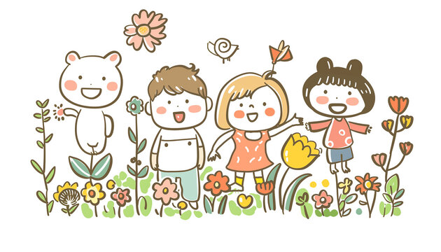 Kids drawing style home family, friends flower