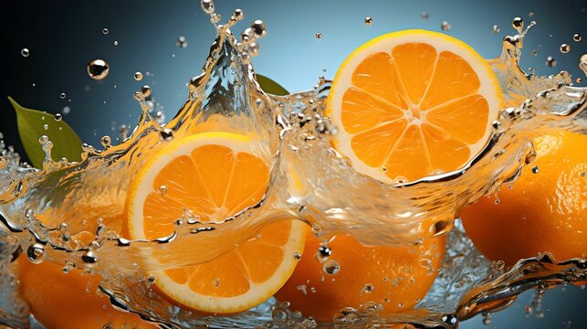 AI generated illustration of freshly cut slices of orange with water droplets