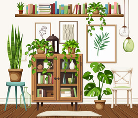 Vintage wooden bookcase and houseplants. Cozy room interior design with a bookcase, a bookshelf, and houseplants. Cartoon vector illustration