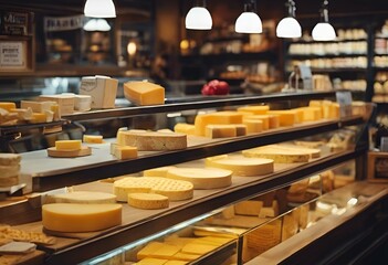 AI generated illustration of assorted cheese and crackers on display at a deli