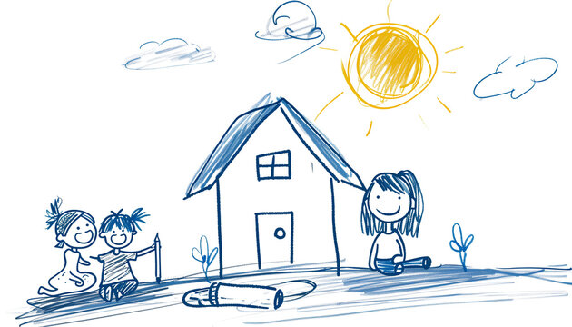 Kids drawing style home family, friends flower