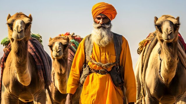 Indian old man leading a camels caravan through the desert