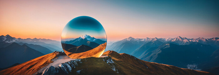 AI-generated illustration of a Sphere on the mountain with sky and mountains inside - obrazy, fototapety, plakaty