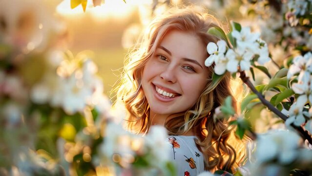 Portrait of a young woman among white apple flowers