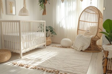 A nursery room with a white crib, a rocking chair, and a rug