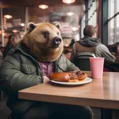 a bear head wearing a jacket and sitting at a table with a plate of don - obrazy, fototapety, plakaty
