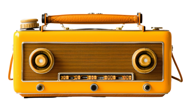 Vintage yellow portable radio with orange carrying strap against a neutral background, reminiscent of mid-20th century design.