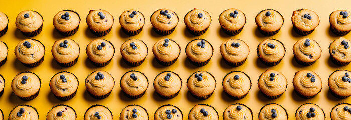 multiple muffins with blueberries are arranged on a yellow table