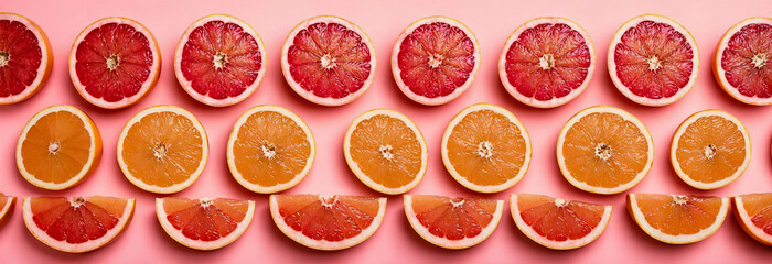 a pink background with sliced and sliced oranges on it