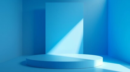 Podium background blue platform product 3d studio stage pedestal light. Stand background product podium platform blue scene abstract floor room display minimal space wall backdrop modern shape empty. 