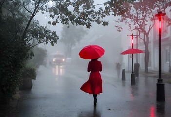 AI generated illustration of a woman in red coat strolling on street with an umbrella