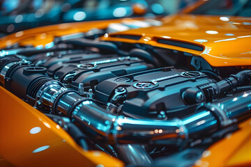 Luxury orange sports car with open hood showcasing engine. Automotive industry and engineering concept. Close-up of high-performance vehicle design with sharp focus on details - obrazy, fototapety, plakaty