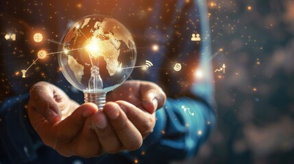Hand holding light bulb in front of global show the world's consumption with icons energy sources for renewable, sustainable development.