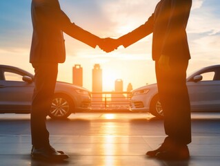 Silhouette of two people shaking hands in front of cars with a sunset backdrop, concept for successful car buying - 780404439