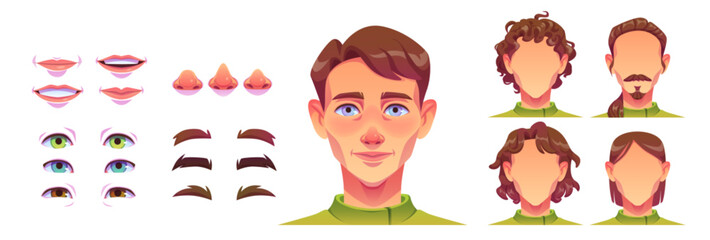 Man avatar construction kit with different haircuts and lips emotions, nose shapes, eyes and brows. Custom face creation set. Cartoon vector illustration collection for male character head generator.